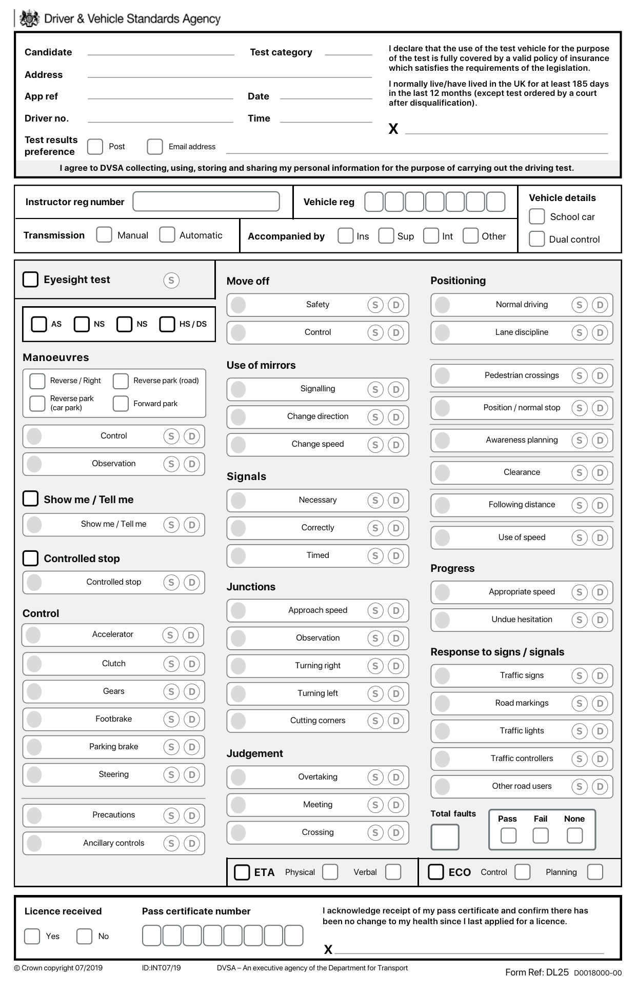 The DVSA DL25 driving test marking sheet the examiner fills in